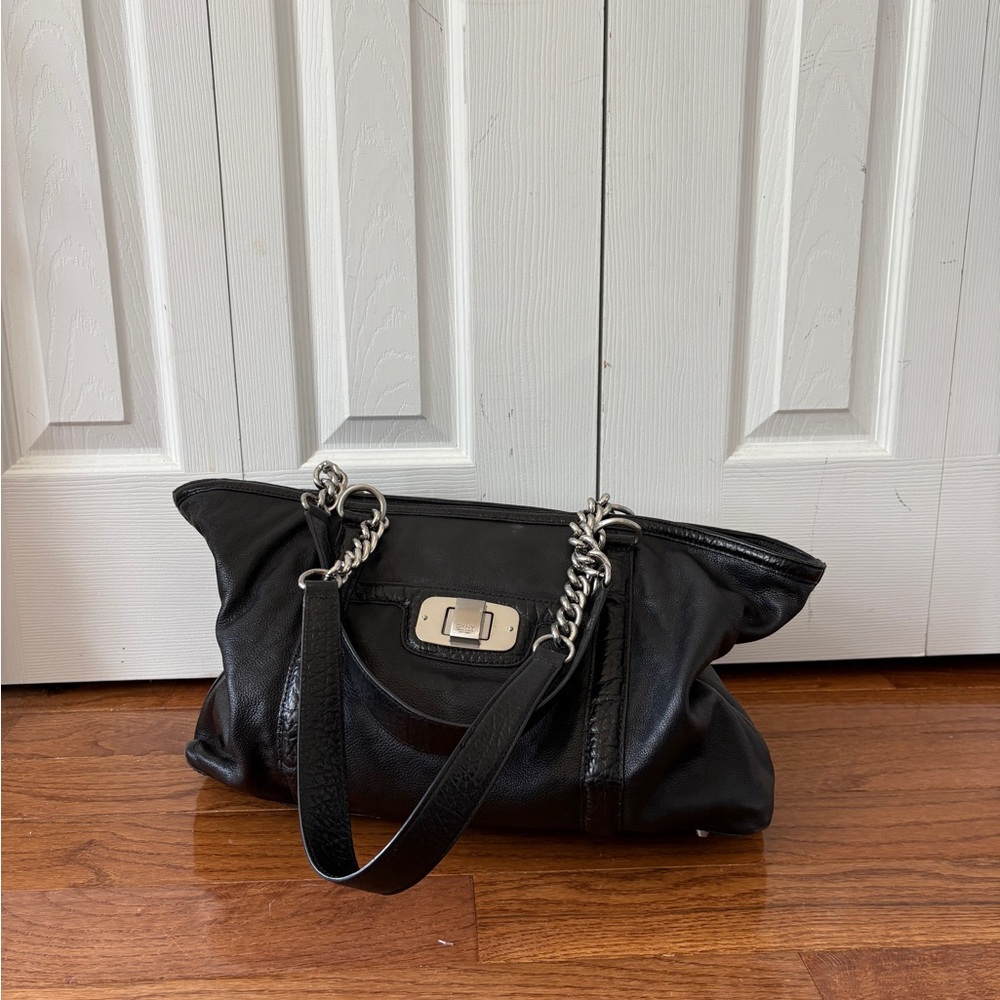 DKNY Black Leather Tote with Silver Hardware